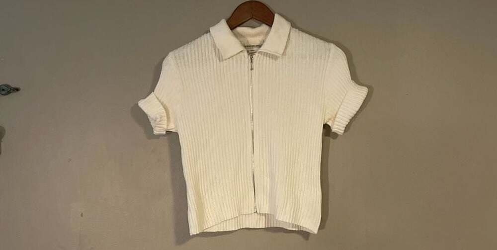 Vintage 90s Kathy Ireland Cream Ribbed Full Zip Short Sleeve Knit Polo Shirt Sma